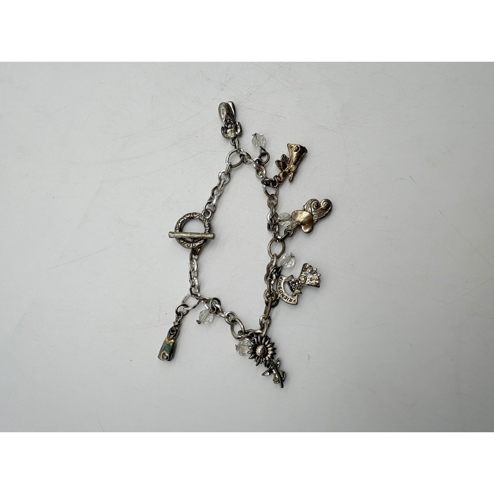Vintage‎ Mixed Metal Charm Bracelet Sunflower Angel Friendship Toggle Clasp Boho